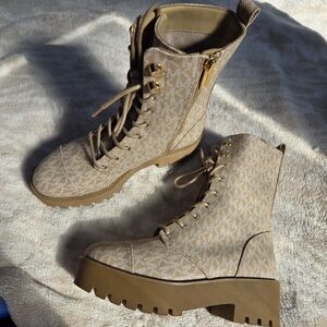 Michael Kors Beige Monogram Lace-Up Platform Combat Boots